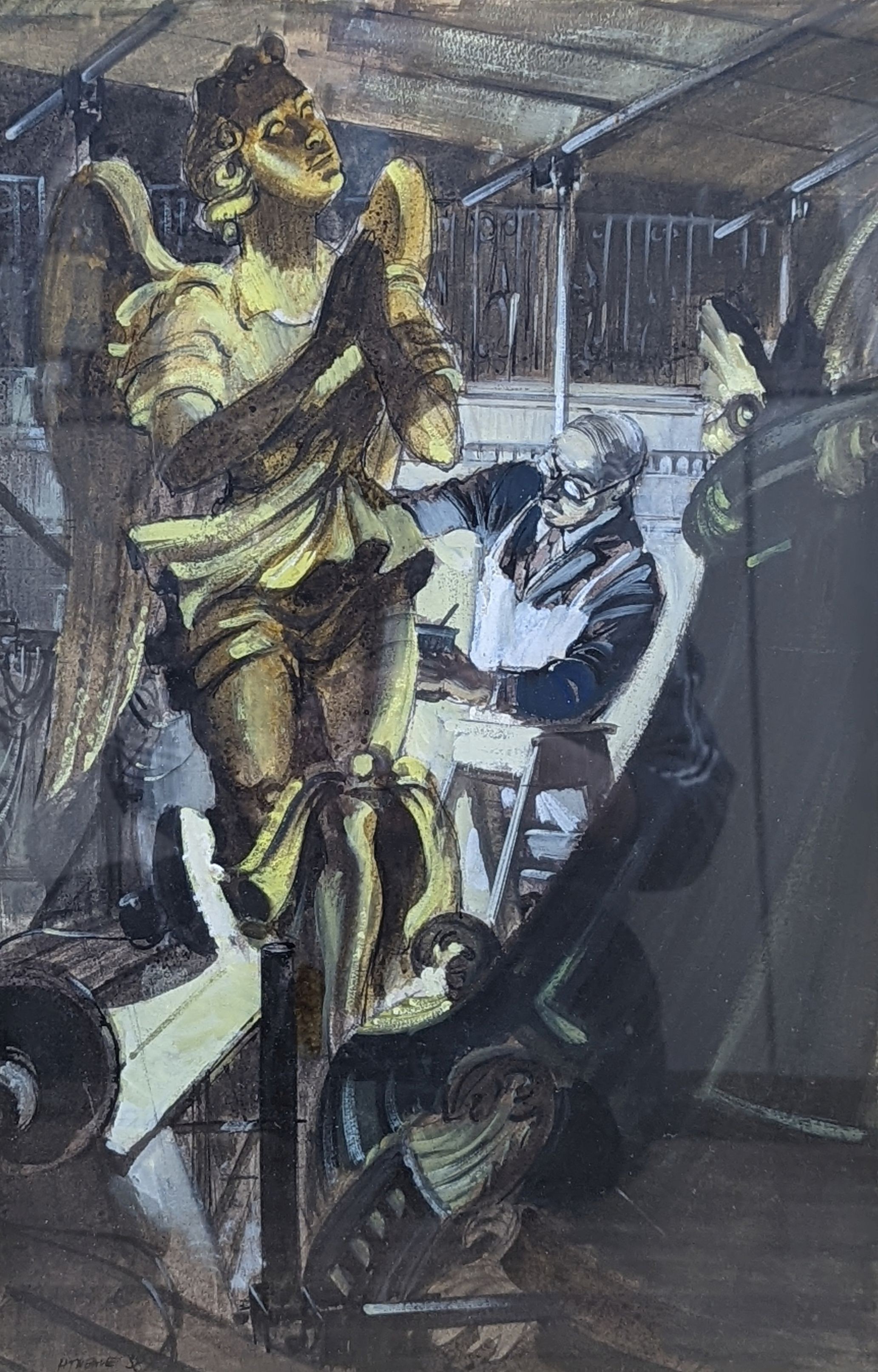 Henry James Neave, two ink and watercolour works, View of St Paul's and Work on Angels, St Paul's Reredos 1958, both signed, 46 x 32cm and 45 x 29cm
